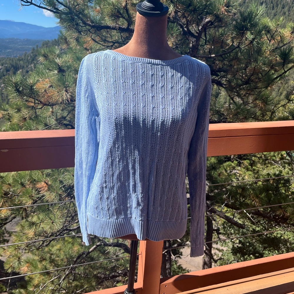 LOFT Sky Blue Cotton Silk Blend Cable Knit Sweater